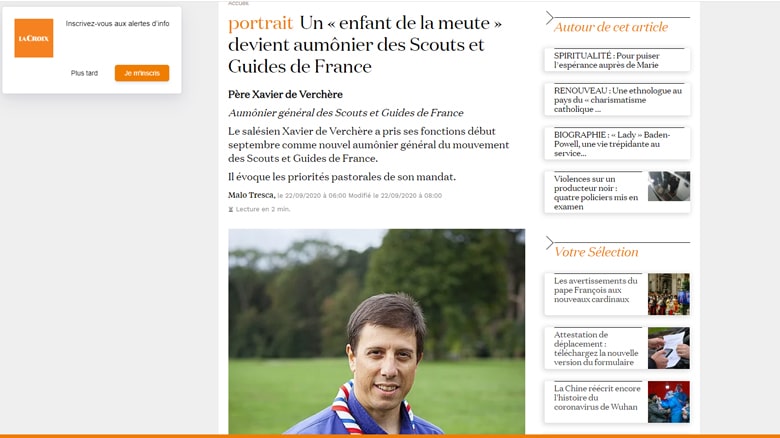 P. Xavier de Verchère, « Un enfant de la meute devient aumônier des Scouts et Guides de France », dans La Croix