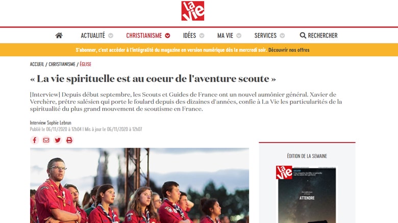 P. Xavier de Verchère dans l’hebdomadaire La Vie : « La vie spirituelle est au cœur de l’aventure scout. »