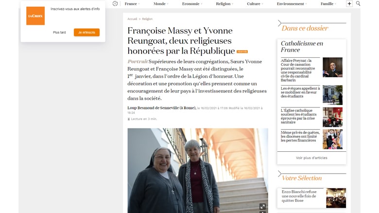 Le quotidien La Croix rencontre mère Yvonne Reungoat, « honorée par la République »