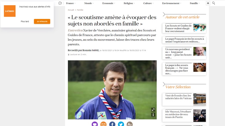 Le père Xavier de Verchère interrogé par « La Croix » sur la dimension spirituelle du scoutisme